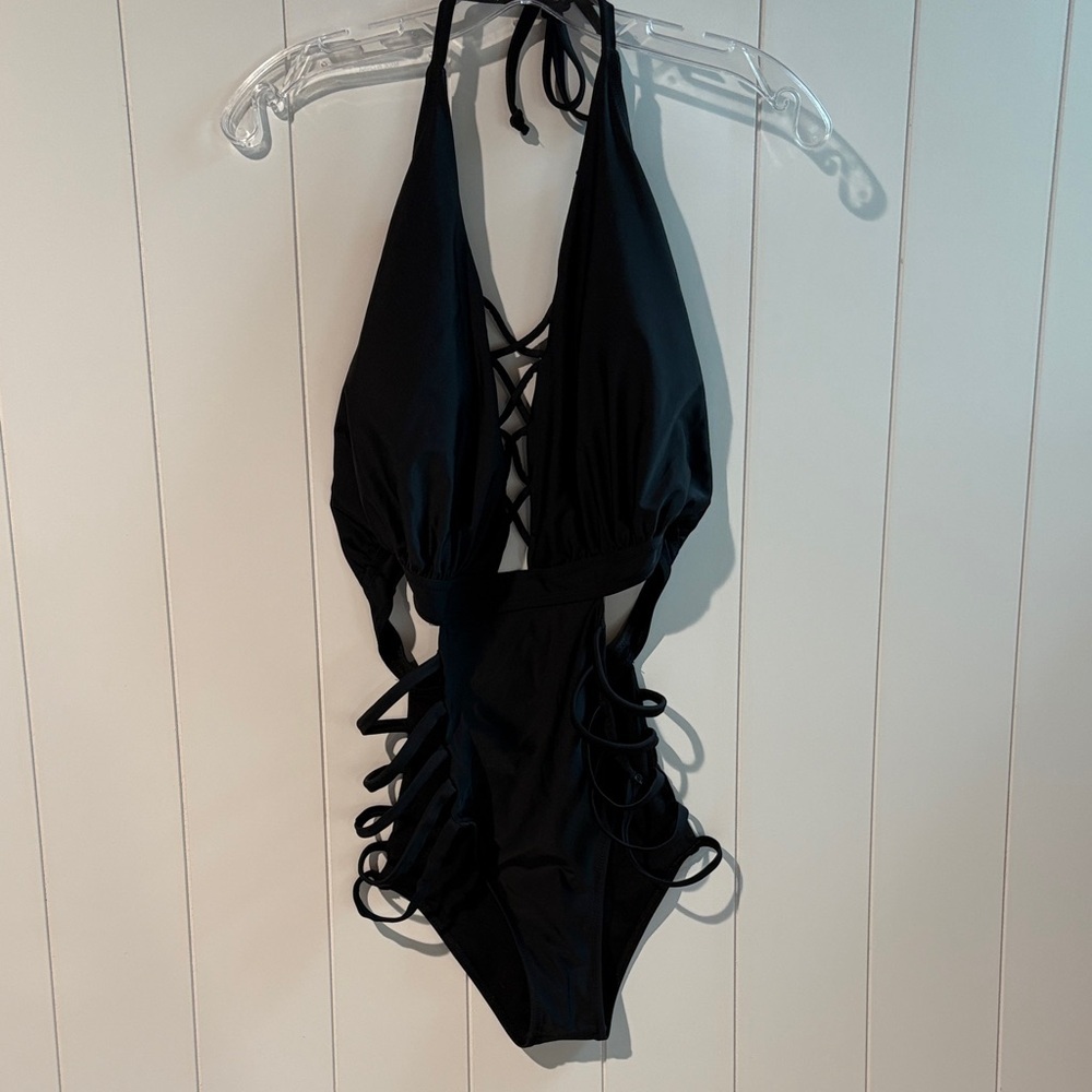 Yira black cut out plunge v neck one piece swimwear sexy XL